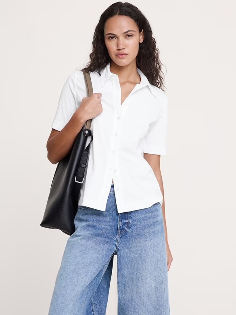 White Short-Sleeve Button Front Shirt - Classic Women's Top